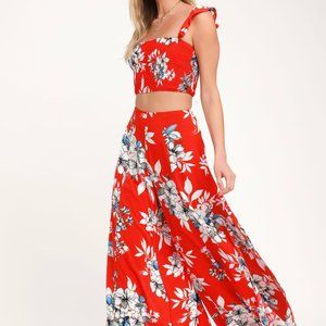 Lulus All Abloom Red Orange Floral Print Two-Piece Jumpsuit